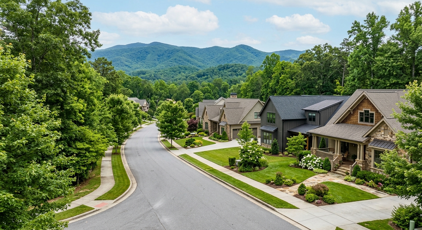 Beautiful residential neighborhood in Hendersonville, NC, with homes and mountain views