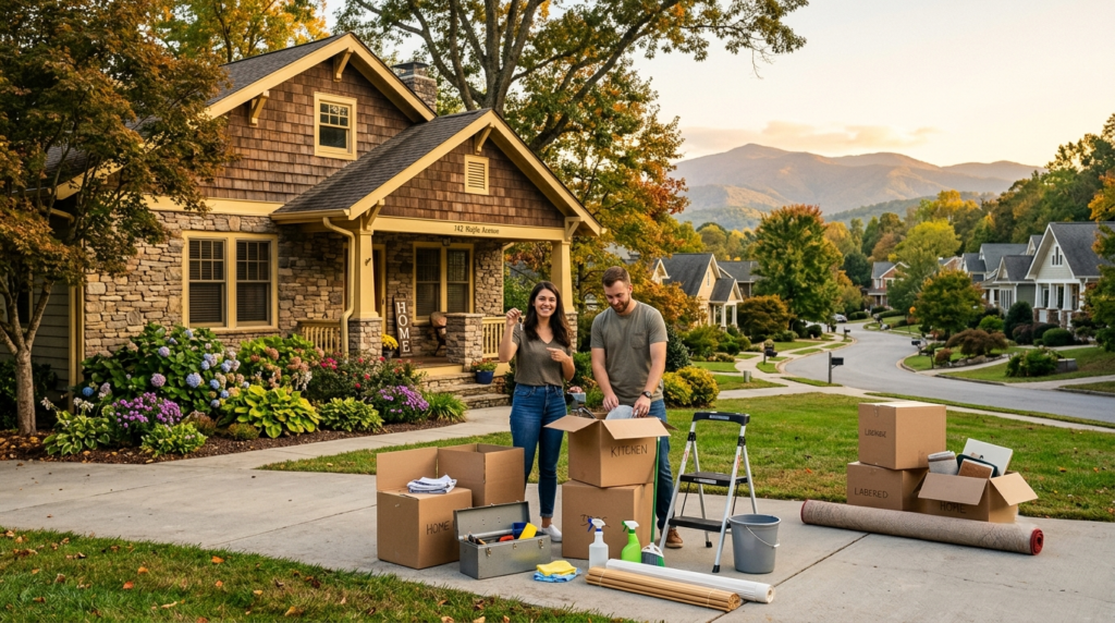 First-time homeowners outside a new home in Hendersonville, NC