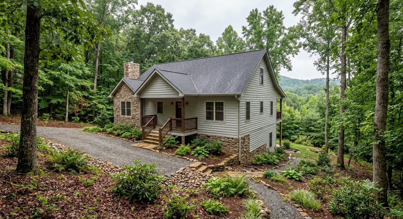 Hillside home in Hendersonville, NC, showing sloped terrain and natural drainage