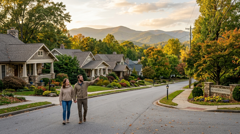 Homebuyers exploring a Hendersonville, NC neighborhood