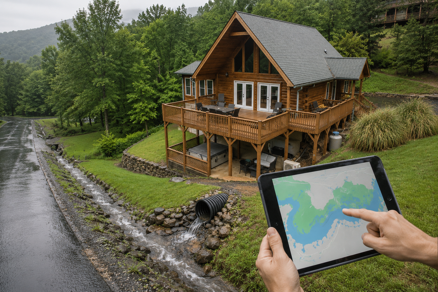Hendersonville, NC home near a drainage culvert with a flood risk map shown on a tablet