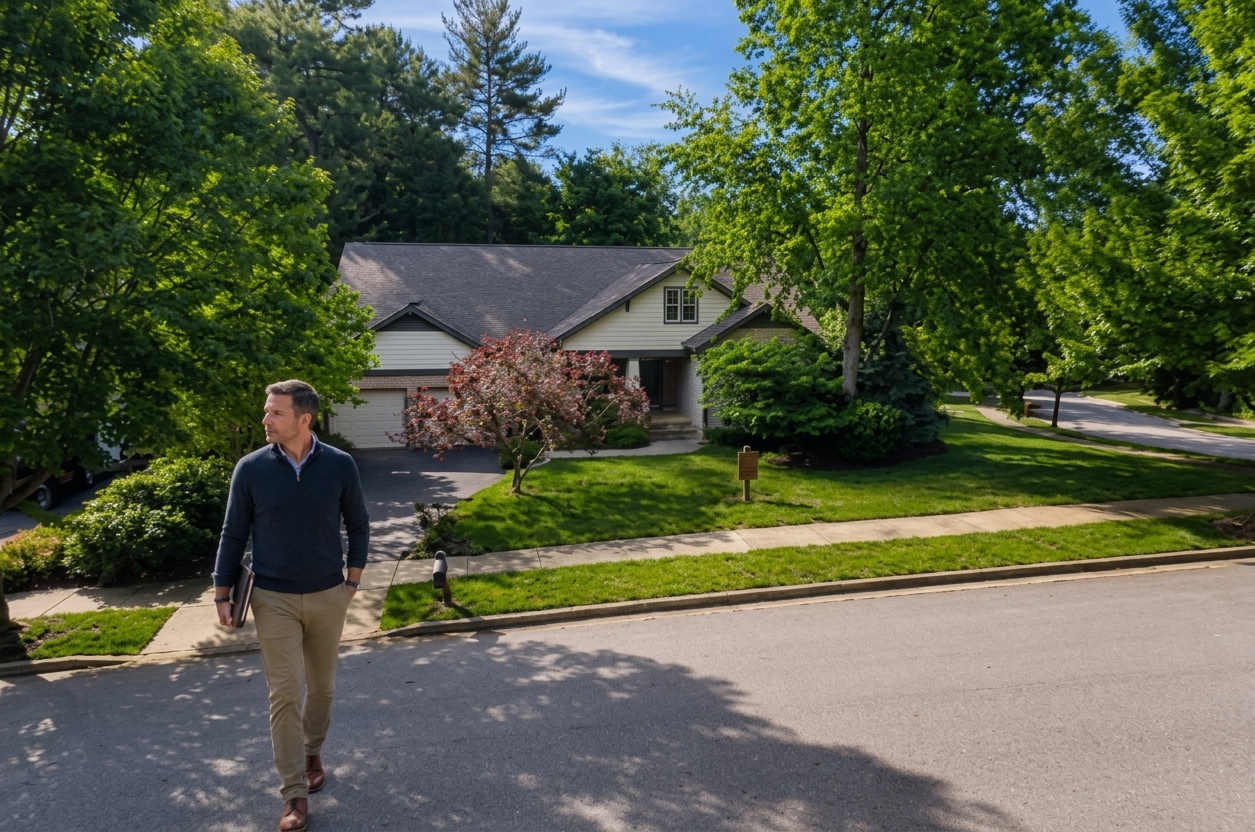 Man carrying a folder walks across a quiet street in front of a single-story home with a red Japanese maple and a manicured lawn on a tree-lined residential street