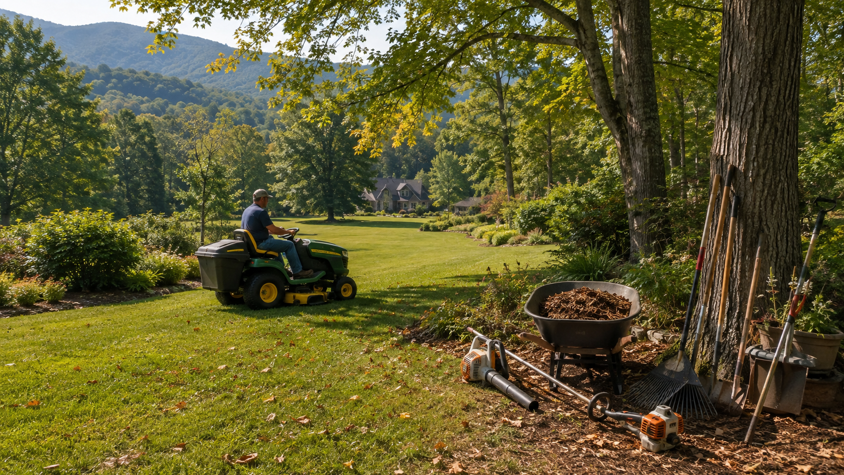 Man on a riding mower cutting a large lawn near a mountain home, with a wheelbarrow of mulch and yard tools under a tree in the foreground